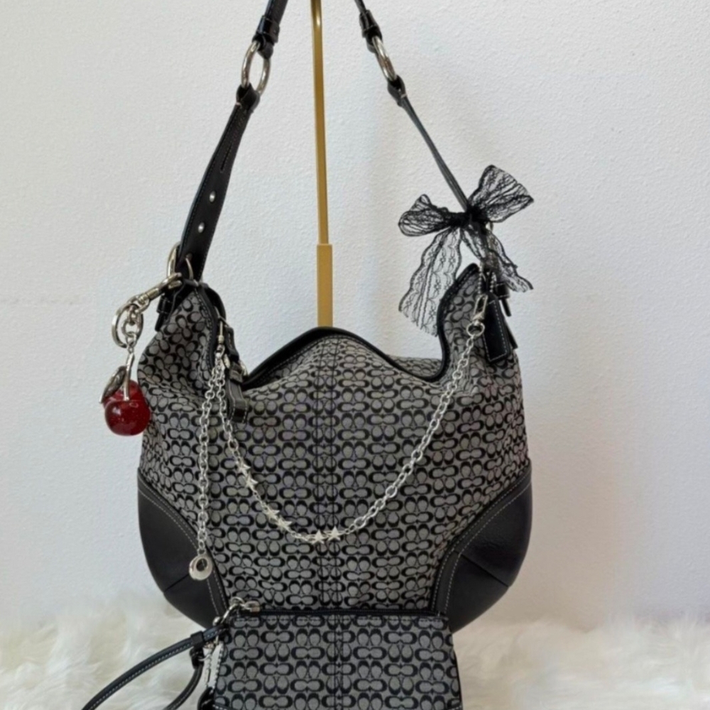 Coach Monogram Crescent Shoulder Bag in Black and Gray with Chain